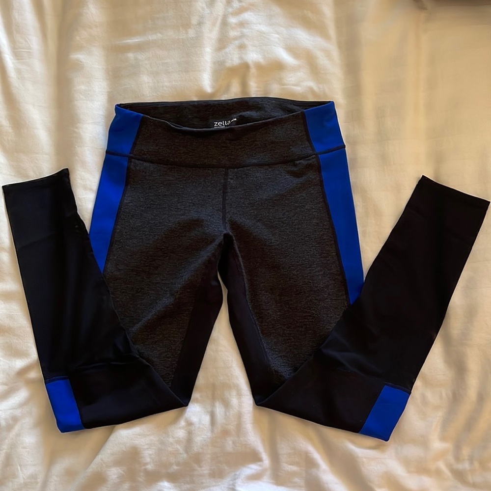 Zella leggings. M. Black, charcoal, and blue